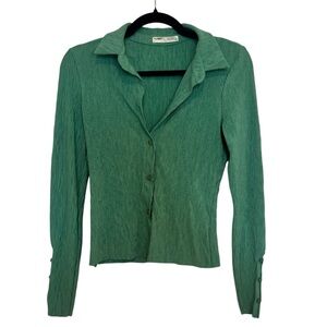 Pull & Bear Women’s Green Button-Up Collared Top Size Medium